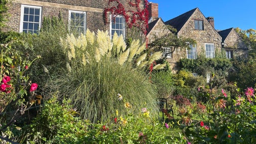 Plants, flowers and shrubs show early autumn colours in Crook Hall Gardens. A vine climbing above a window in the hall behind has bright red leaves.